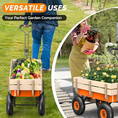 VINGLI Steel Garden Wagon Cart on Wheels, 330lb Load Capacity, Removable Heavy Duty Wooden Side Panels, with Extendable Handle and 10inch All-Terrain Tires, Wheelbarrow for Yard Landscaping (Orange) - color: Orange