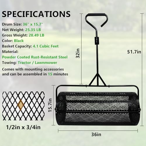 36 Inch Towable Compost Spreader, Metal Mesh Peat Moss Spreader for Lawn - size: 36 Inch
