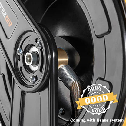 AIRZILLA Premium Steel Retractable Air Hose Reel With Dual Arm, 3/8"x50Ft Hybrid Polymer Hose, Heavy Duty Air Hose Reel included Auto Rewind Reel | Quick Air Coupler | Durable Double side Frame. - color: 3/8"x50ft