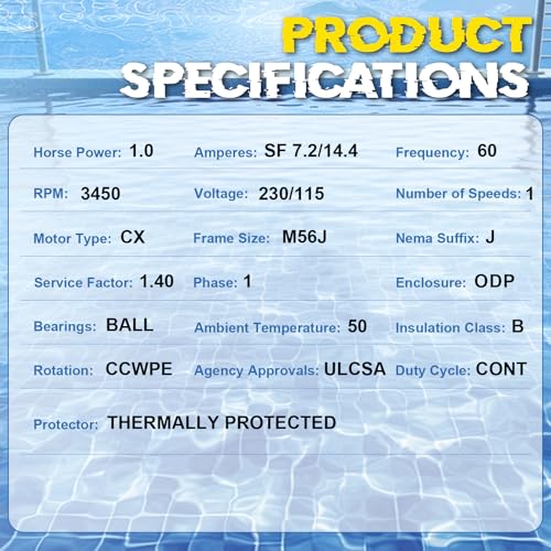 B128 Pool Pump Motor 1HP M56J Frame Fit for Century A.O. Smith Single Speed - size: 1 HP B128 M56J Frame