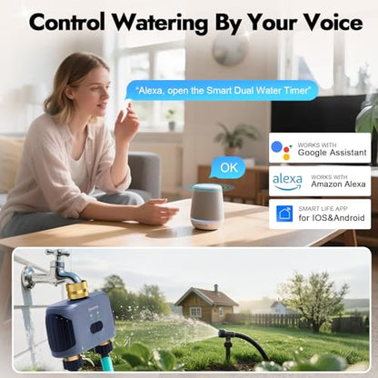 2 Zones WiFi Water Timer Brass Inlet and Outlet, Sprinkler Timer for Garden Hose, APP Remote Control WiFi Hose Timers with Gateway, Voice Control with Alexa, Rain Delay and Manual Mode for Watering - color: Black Grey
