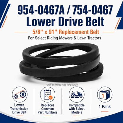 1pack 954-0467A 754-0467 Lower Drive Belt, 5/8" x 91" Lawn Mower Transmission Drive Belt Replacement Compatible with MTD Cub Cadet LTX1040, Troy-Bilt Bronco, Craftsman LT2000, Toro LX420 LX460