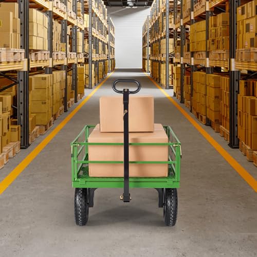 VEVOR Steel Garden Cart, 1200 lbs Heavy Duty Pullable Garden Wagon Yard Cart, 2 in 1 Outdoor Metal Utility Wagon Yard Trailer with 13" All Terrain Tires, Mesh Detachable Sides and 180° Rotating Handle - color: Black + Green