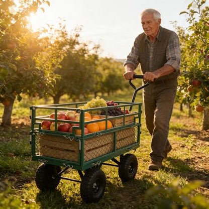 Heavy Duty Steel Garden Cart, Metal Utility Wagon Cart with Inflatable Tires and Pull Handle, 2-in-1 Convertible Flatbed Wagon with Double-Deck Detachable Side for Farm, Garden, Yard, Green - color: Green