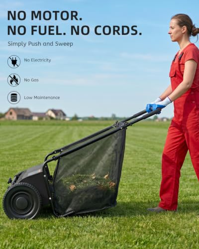Push Lawn Sweeper, 27.5 in Yard Sweeper with 6 cu ft Bag - color: Black, size: 27.5 in