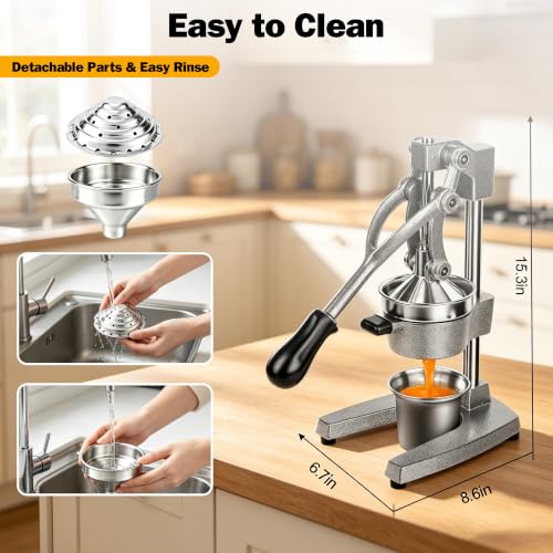 Cast Iron Orange Juicer Squeezer Hand Press Heavy Duty Countertop Squeezer Manual Citrus Juicer with Stainless Steel Cup for juicing oranges, lemons, pomegranates, limes, citrus, etc（silvery） - color: Silvery