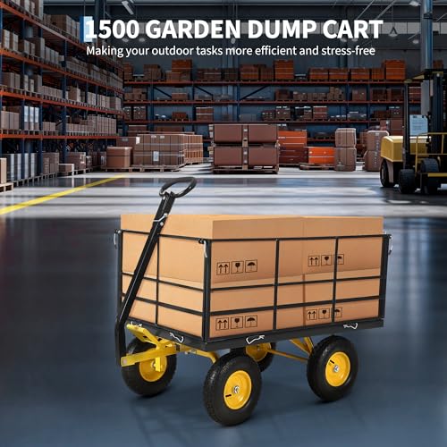 Steel Garden Utility Wagon – 1500 lbs Capacity, 13-Inch All-Terrain Wheels, Removable Sides, 180° Swivel Handle – Towable Flatbed Cart for Lawn, Yard, Farm – Red Rims, Black Frame, Black - color: Black
