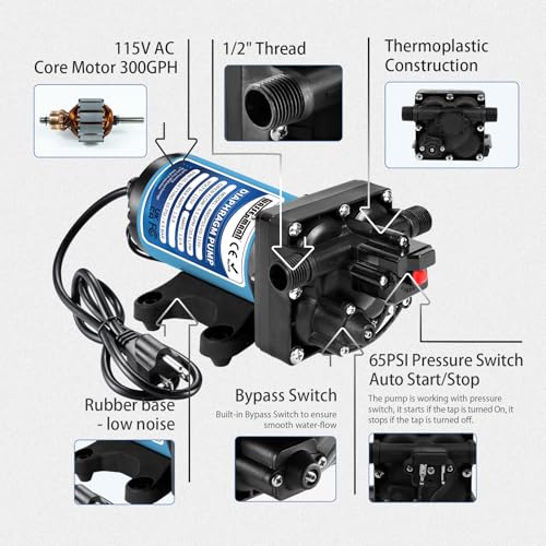 WASSERMANN 110V AC Water Pressure Booster Pump, 5.5 GPM 65 PSI Self-Priming Diaphragm Pump with Power Plug and Pressure Switch, 1/2 in NPSM, for Home, Garden Hose, RV and Marine Use - color: Blue3