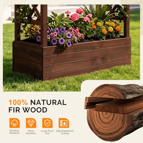 VINGLI 45 in Raised Garden Bed with Trellis & Hanging Roof, Wooden Elevated Planter Box with Drainage Holes for Outdoor Climbing Plants Vegetables Flowers, Patio Yard Balcony (Carbonized Wood, Medium)