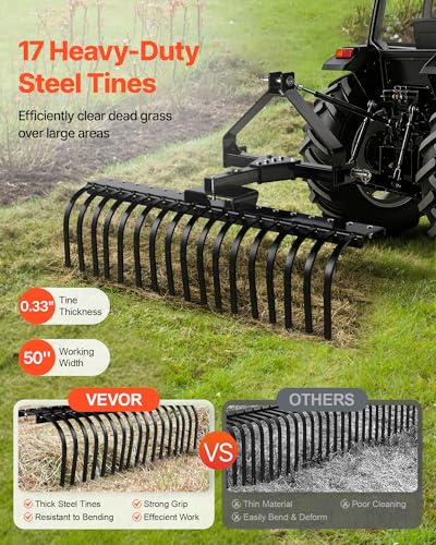 VEVOR 50 in Lanscape Rock Rake, 3-Point Tow Behind Landscape Rake with 17 Steel Tines, Fit Category 1 Tractors, Angle Adjustable, Heavy Duty Lawn Dethatcher Rake for Grass Branch Debris - style: 50" Dethatcher with 3-Point Attachments