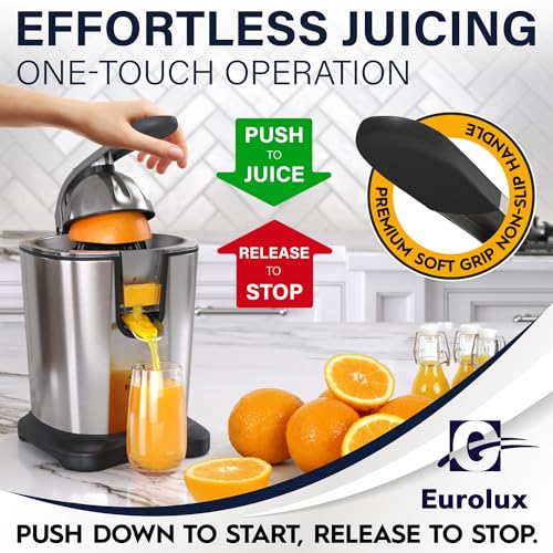 Eurolux Power-Pro Premium Electric Citrus Juicer - With 300 Watts of Power, The Most Powerful Juicer, For An Easy Smooth Juicing Experience | New Updated Design - color: Stainless Steel, size: Pro XL Size