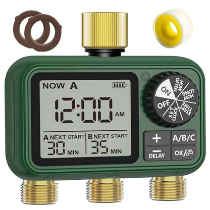 Water Timer for Outdoor Garden Hose, Sprinkler Timer for Garden Faucet with Auto/Manual/Rain Delay Mode, Sprinkler Irrigation Controller for Yard Lawn (3 Zones Brass Inlet & Outlet)