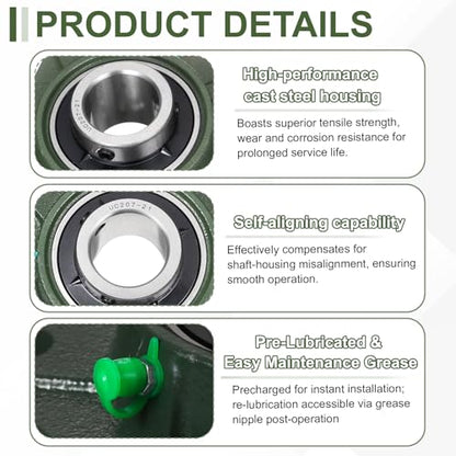 uxcell UCF207-21 Pillow Block Bearings, 1-5/16 inch Bore Self Alignment, Solid Cast Iron Base, Chrome Steel Square Flange Mounted Pillow Block Ball Bearing, (ABEC3) - size: UCF207-21 (1-5/16 inch)