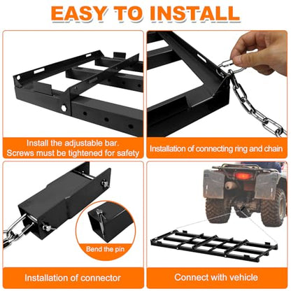 4 Ft Drag Harrow, Heavy Duty Driveway Grader, Tow Behind Lawn Rake with 5 Ft Chain, 4 Safety Belts, 2 Adjustable Bars, Driveway Drag for Gravel, Sand, Lawn, Soil, Hay, ATV, UTV, Mower, Tractor, Black - color: Black-4FT