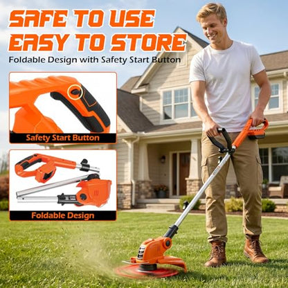 Weed Wacker Eater Electric String Trimmer Battery Powered Lawn Trimmer - color: Orange