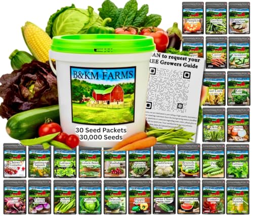 B&KM Farms 30,000+ Non-GMO Heirloom Seed Kit-30 Fruit & Vegetable Variety