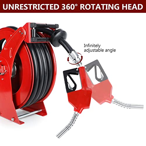 Fuel Hose Reel with Fueling Nozzle, 3/4" x 50FT Retractable Diesel Hose Reel, 300 PSI Industrial Heavy Duty Auto Swivel Rewind Hose Holder Reels, for Vehicle Tank Truck Trailer Ship - size: 3/4" x 50FT with nozzle