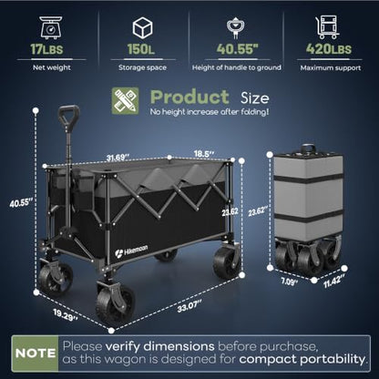 HIKEMOON 150L Collapsible Wagon Compact, Big Wheels, 420LBS Grey & Black - color: Grey & Black