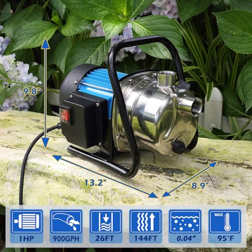 FLUENTPOWER Portable Garden Transfer Pump, 900GPH Electric Sprinkler Booster Pump, Shallow Well Jet Pump for Home Lawn Irrigation and Water Draining, included 13 ft Suction Hose Kit - size: 1HP with Suction Hose Kit