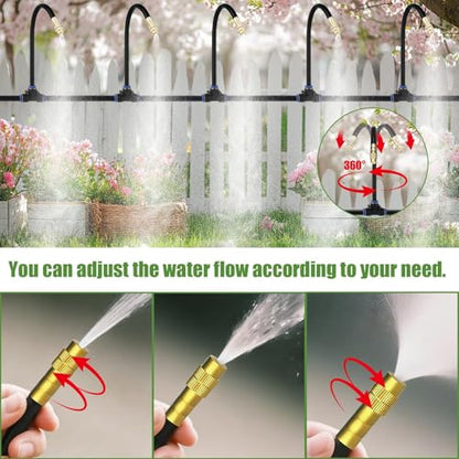 Kalolary 1/4" Drip Irrigation System, Garden Watering System with 16pcs Adjustable Copper Nozzles Automatic Atomizing Watering Sprinkler System for Yard Lawn Outdoor Irrigation