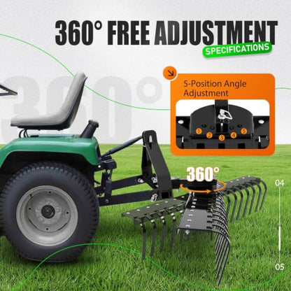 KUAFU 50" 3 Point Landscape Rake for Category-0 Cat-0 Tractor with 360 - style: Black