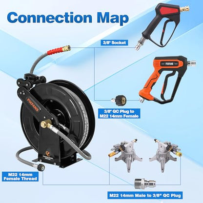 FIXFANS Pressure Washer Hose Reel with Hose for Hot Cold Water, 3/8" X 50FT - size: 50 FT