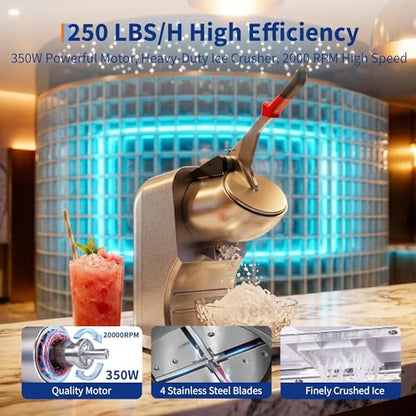 Electric Ice Crusher Shaved Ice Machine, 250 LBS/h High Output 350W Snow Cone Maker, 20000RPM 4 Stainless Steel Blades, 4.13" Large Feed Inlet, Stainless Steel Ice Shaver for Bar, Cafe, Restaurant