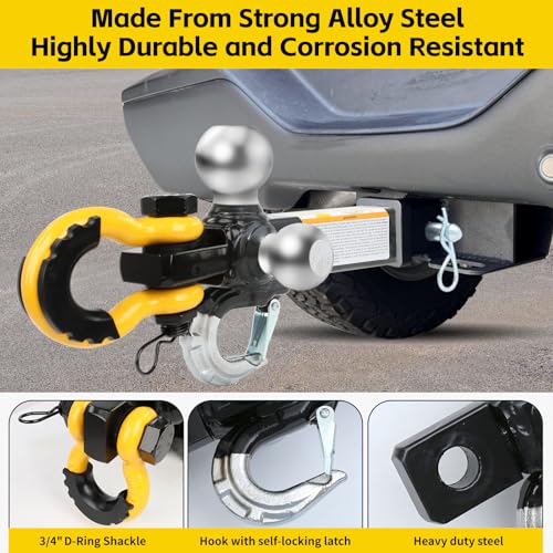 MaxxHaul Tri Ball Hitch with Rotatable Tow Hook and D-Ring Shackle, Fits 2" Receiver, Heavy-Duty Steel, 12,000 lb Capacity, Multi Ball Mount for Towing & Recovery - (51008) - style: Rotatable Tow Hook and D-ring