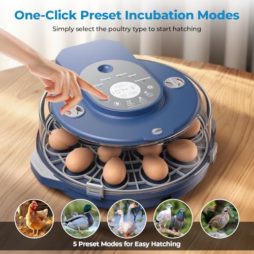 15 Egg Incubator for Hatching Eggs, 5 Preset Incubation Modes + 1 Custom Mode with Adjustable Temperature & Humidity Control, Automatic Egg Turning for Duck, Chicken, Goose, Pigeon & Quail