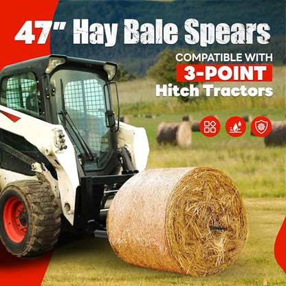 47" Hay Spear Bale Spear Compatible with Buckets Tractors Loaders