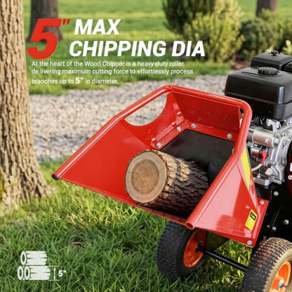 Wood Chipper 5'' Gas Powered Engine 15HP 20:1 Reduction Ratio