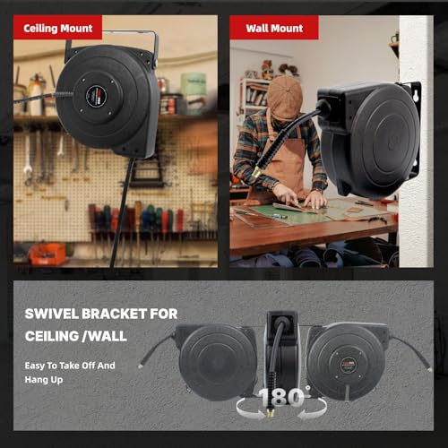 Retractable Air Hose Reel, 1/4 IN x 45 FT Hybrid Air Hose Max 300 PSI, Air compressor hose reel with 5 ft Lead in, Ceiling/Wall Mounted air hose reel,Heavy Duty air tool