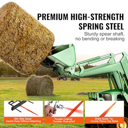 39" Hay Spear, Bale Spears 1600lbs Loading Capacity, Skid Steer Loader Tractor Bucket Attachment with 2pcs 17.5" Stabilizer Spears and 60" Chain, Quick Attach Spike Forks 1600 LBS High Load Capacity