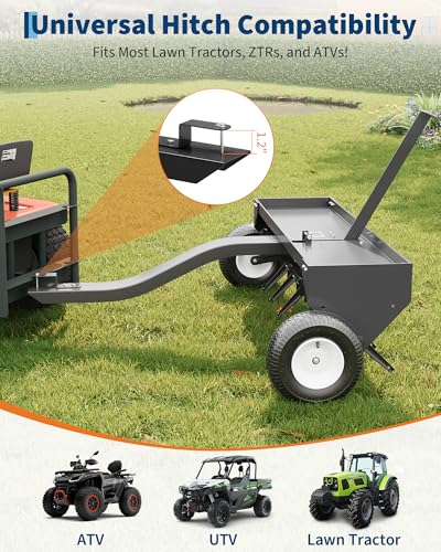 40/48-Inch Tow-Behind Lawn Plug Aerator with Universal Hitch, Heavy-Duty Galvanized Steel & 10-Inch Inflatable Traction Wheels, Adjustable Weight Tray for Residential/Commercial Lawns, Gardens, Farms