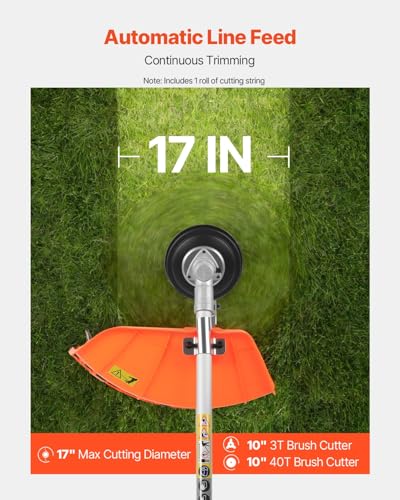 VEVOR String Trimmer, 43 cc 2-Stroke, Gas Weed Eater, 17" Grass Trimmer, Multi-Functional Weed Eater Gas Powered with Shoulder Strap & 3T Blade, Weed Wacker Gas for Quick Grass Cleaning - size: 43 CC