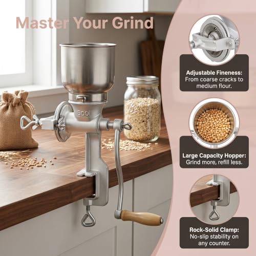 Manual Grain Mill, 7.5lb Cast Iron Flour Mill Grinder (Silver）