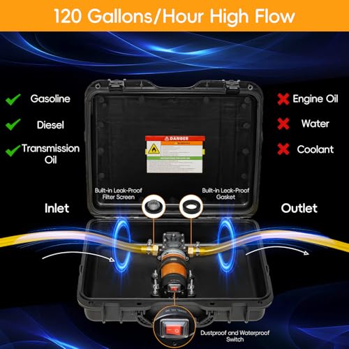 12V Fuel Transfer Pump Set Battery Powered, Gasoline Transfer Pump Moves Up to 120 Gallons Of Gas or Diesel Per Hour with Upgraded Carrying Case, for Vehicles, Boats, Equipments - color: 100GPH