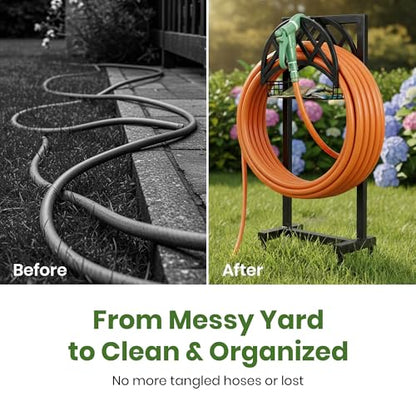 Garden Hose Holder Stand for Outside w/ 4-Spike Base, Holds upto 160ft