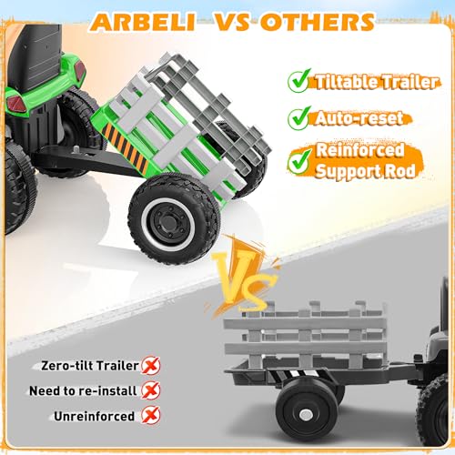 ARBELI 12V 7AH Kids Ride On Tractor w/Trailer & Remote Control, Green - color: Green