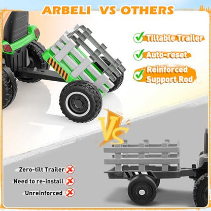 ARBELI 12V 7AH Kids Ride On Tractor w/Trailer & Remote Control, Green - color: Green