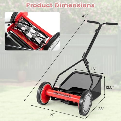 IRONMAX 14 Inch 5-Blade Push Reel Mower, Removable Grass Catcher, Red - color: Red, size: 14 Inch