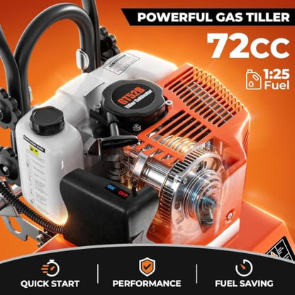 72CC 2-Stroke Gas Tiller Cultivator - 10" Working Width & 5" Depth