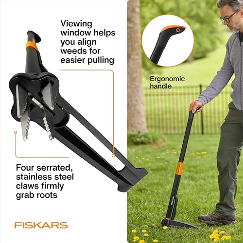 Fiskars Deluxe Stand-Up Weed Puller Tool, 4 Serrated Stainless Steel Claws - style: 4-claw