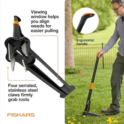 Fiskars Deluxe Stand-Up Weed Puller Tool, 4 Serrated Stainless Steel Claws - style: 4-claw