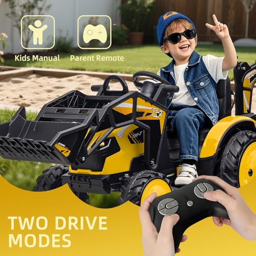3 in 1 Ride on Tractor, 24V Ride on Toy for Big Kids, Excavator Bulldozer - Battery-Powered Electric Vehicle w/Trailer, Digger, Remote Control, LED Lights, Music, USB, Battery Powered, Yellow - color: Yellow