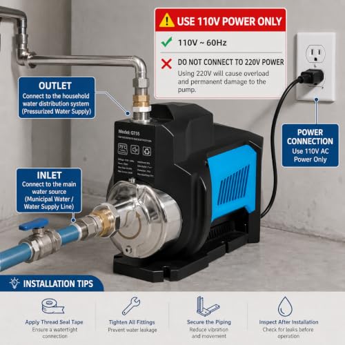 Whole House Water Pressure Booster Pump, 110V Use Only, 750W, 80 PSI, 1HP