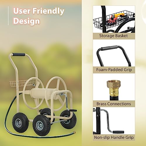FDW Garden Hose Reel Cart, Water Hose Cart with 4 Wheels, Hold Up to 300 ft of 5/8’’ Hose，Heavy Duty Powder-Coated Steel Planting with Storage Basket, for Garden, Yard and Lawn - color: Tan