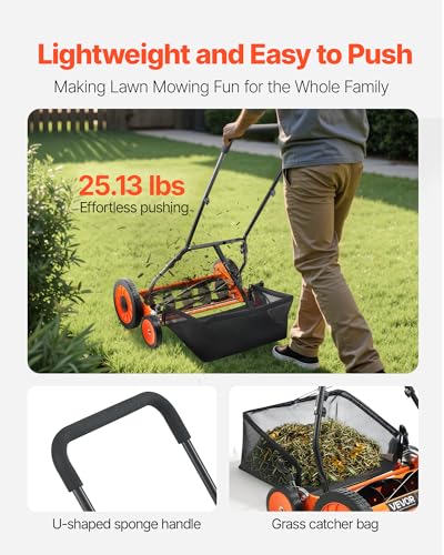 VEVOR Push Reel Lawn Mower 18 inch, 5 Blades Manual Push Mower No Motor, 1.37-2.44 in Adjustable Cutting Height, Walk-Behind Lawn Mowers with Grass Catcher Bag for Green Lawns, Driveways, Courtyards - size: 18 inch