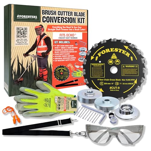 FORESTER Brush Cutter Trimmer Conversion Kit with Cut-9, Includes Safety Glasses, Earplugs, Gloves, Harness, Compatible with Echo Models SRM-225, SRM-225i, SRM-266, SRM-280, SRM-280S, and SRM-280T - size: 9" (20 Tooth), style: Echo Conversion Kit
