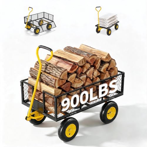 Garvee Steel Garden Cart Wagon,900 Lbs Wheelbarrow Yard Cart-Black&Yellow - color: Black Yellow, size: 900lbs
